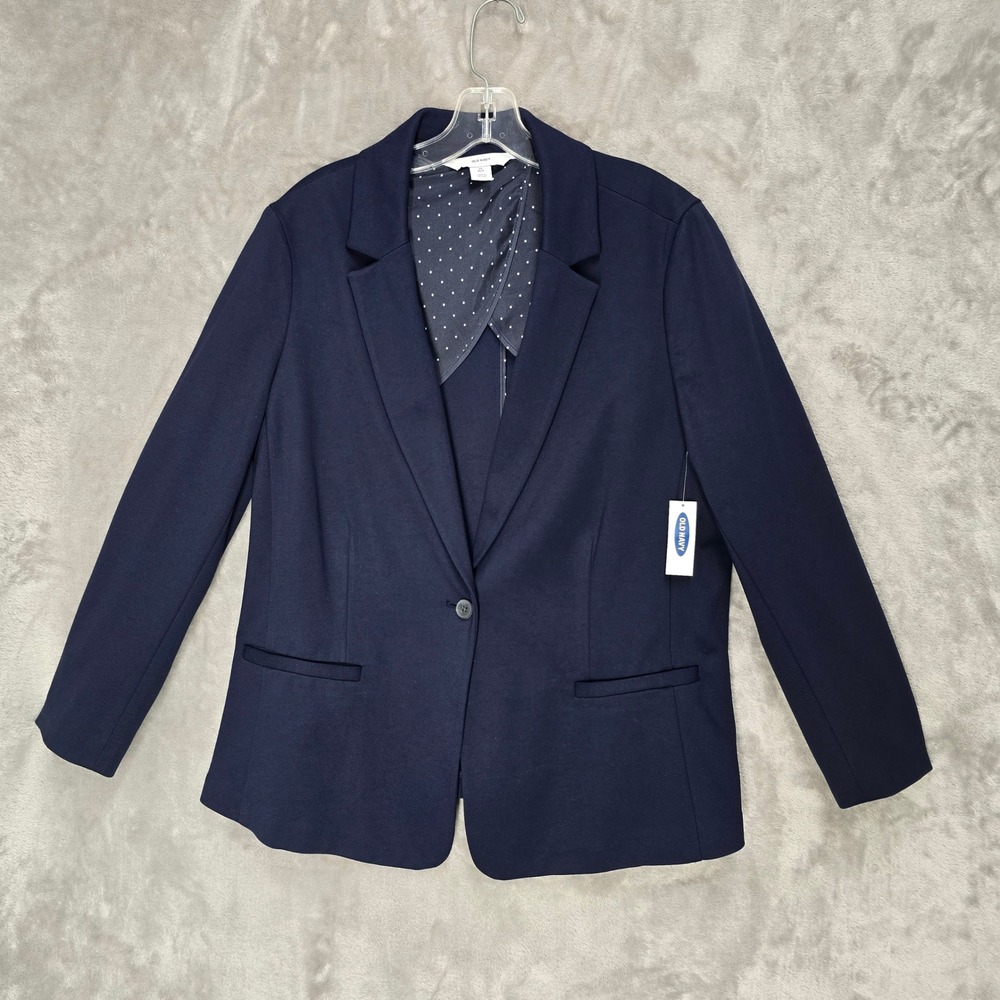 Old Navy Blazer Women 1X Plus Blue Knit Dark Academia Preppy Career Capsule